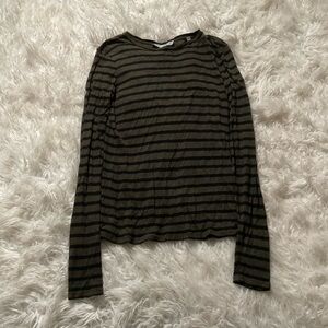 Vince Olive Green and Black Striped Long Sleeve Tee